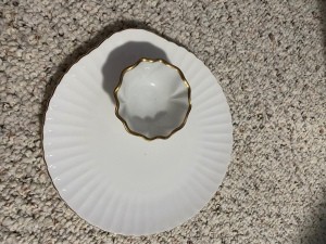 Value of Crown Fine Bone China? - white scalloped plate and small gold edged bowl