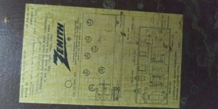 A Zenith label on a console record player.