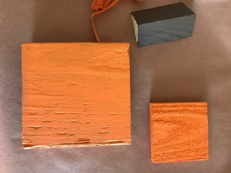 Wood Scrap Pumpkins - small and large painted squares and brown stem