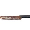 A rusty knife on a white background.