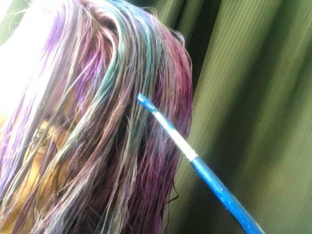 Making Pastel Hair Dyes - adding a bit of a 4th color, blue, allow to set for 40 minutes or so