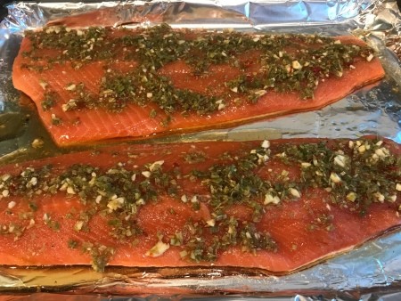Salmon filets covered in lemongrass and fish sauce.