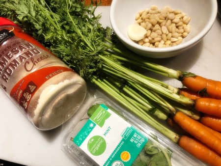 Ingredients for roasted carrots with carrot-top pesto.