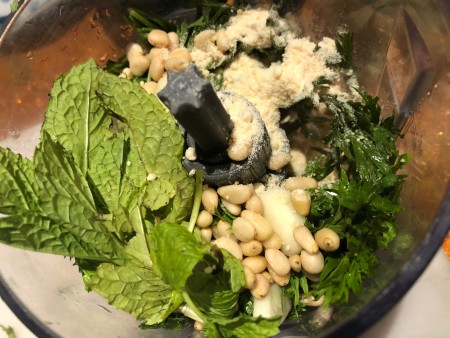 Ingredients for carrot-top pesto.