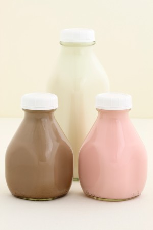 Flavored milk in bottles.