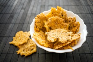 A bowl of homemade cheese crisps.