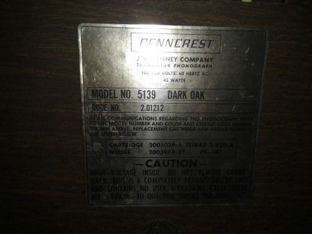 Label on a Penncrest console stereo.