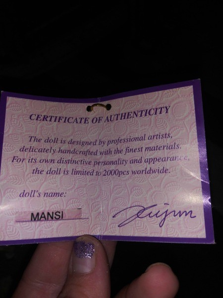 A certificate of authenticity for a decorative doll.