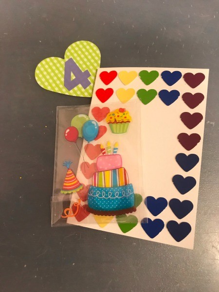 Rainbow Happy Birthday Card - larger heart with number 4 sticker added and a 3-D cake decoration