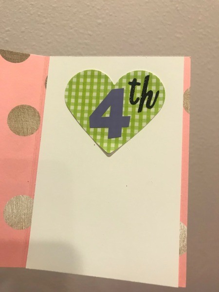 Rainbow Happy Birthday Card - larger green and white gingham heart with the number 4 and "th" placed inside the card