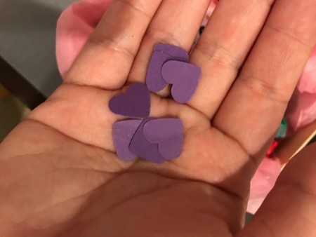 Craft Stick Crate Gift Basket - small heart shapes punched from purple paper