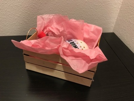 Craft Stick Crate Gift Basket - oblique side and top view of filled basket