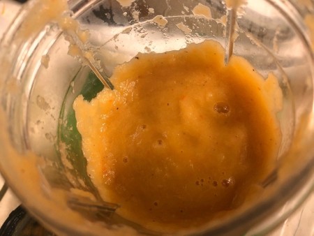 The cooked ingredients are blended together.