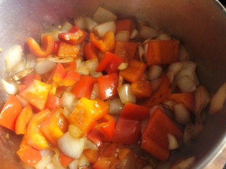 Ingredients cooked in a stock pot.