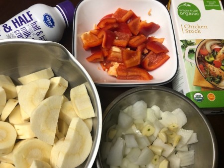 Ingredients for red pepper parsnip soup.