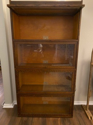Age of a Globe-Wernicke Legal Bookcase? - bookcase with the top lift and slide glass door open