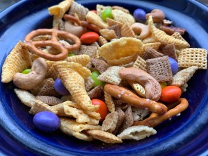 A bowl of Halloween Chex party mix.