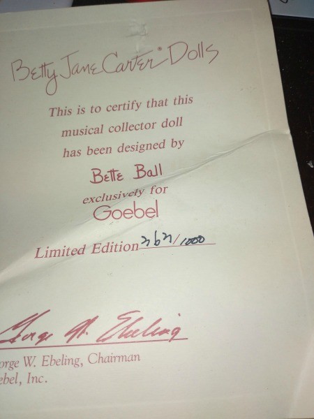 A certificate for a Betty Jane Carter doll.