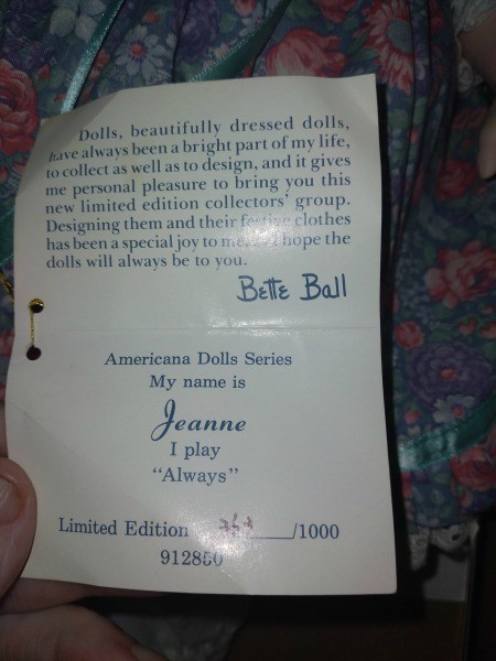 A tag for the Jeanne doll.