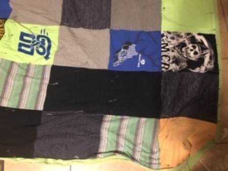 Tied T-Shirt Memory Quilt - backing pinned in place
