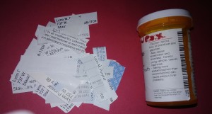 Labels cut out of junk mail and medicine bottles.