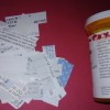 Labels cut out of junk mail and medicine bottles.