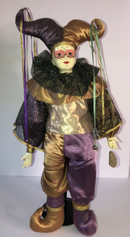 Information on a Brinn Porcelain Musical Jester? - black, gold, and purple jester doll