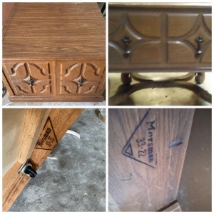 Four pictures of Mersman tables with marking or carving.