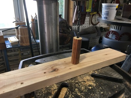 Wooden Fall Pumpkins - drilling hole in the end of the dowel stem after staining