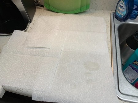 Paper towels on a countertop.