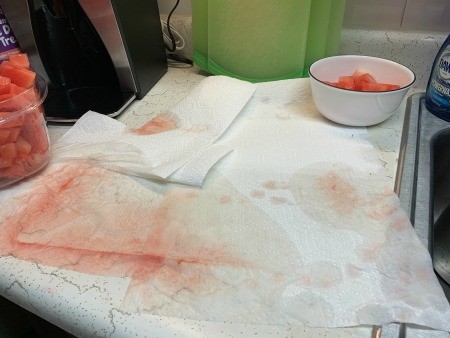 A messy countertop from cutting watermelon.