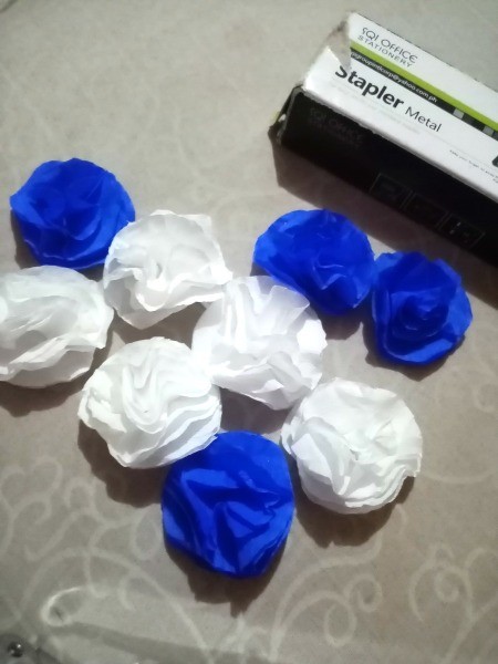 Floral Number Birthday Decoration - blue and white crepe paper flowers