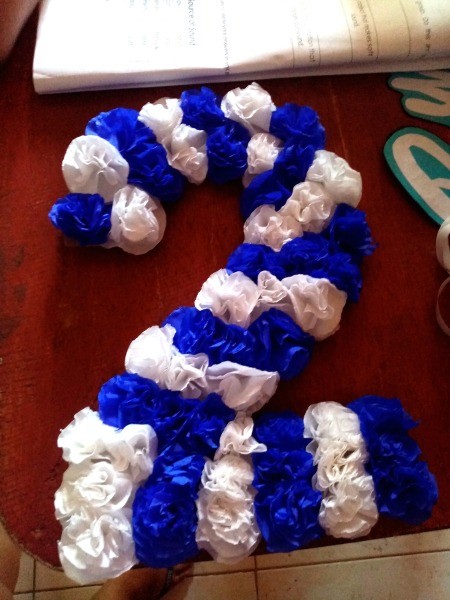 Floral Number Birthday Decoration - paper flowers attached to the cardboard number 2