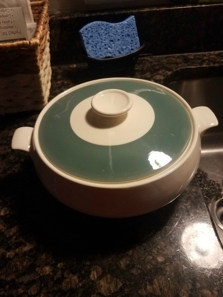 A covered casserole dish.