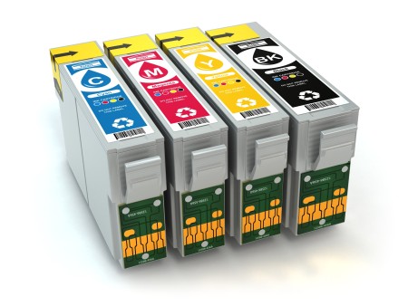A collection of printer ink cartridges.
