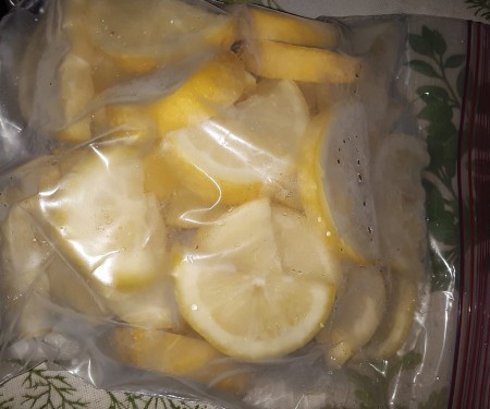 A bag of frozen lemon slices.