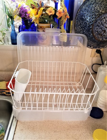 A dish drainer inside a plastic container.