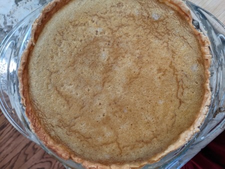 A baked pumpkin pie.