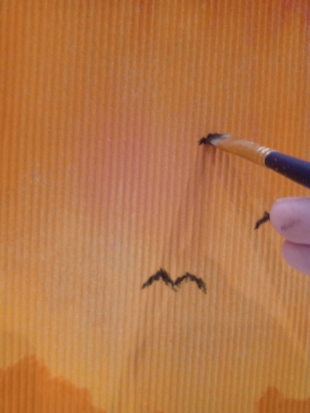 Sunset Mountain Painting - use small brush to add birds, closeup