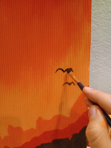 Sunset Mountain Painting - birds added above the mountains in yellow zone