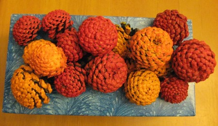 Pine Cone 'Zinnias'  - stem end of pinecones painted in fall colors