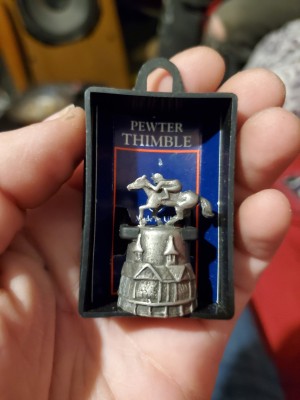Value of a Pewter Thimble? - Churchill Downs thimble with jockey and building on the thimble