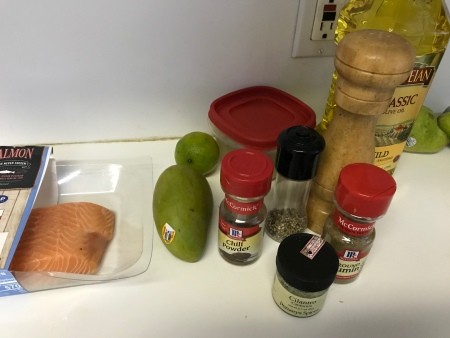 Ingredients for salmon with avocado mango salsa.