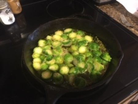Brussels sprouts in a pan.