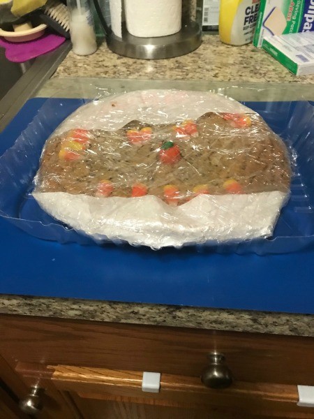 Wrapping up the giant chocolate cookie.