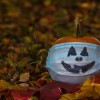 A pumpkin wearing a mask with a jack-'o'-lantern face.