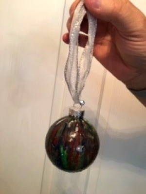 Poured Paint Christmas Bulb - finished bulb, reassembled and ribbon hanger added