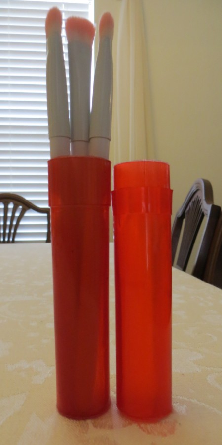 Three makeup brushes stored in a travel toothbrush holder.