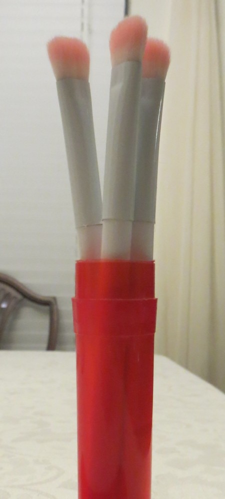 Three makeup brushes stored in a travel toothbrush holder.
