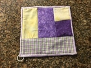 Quilted Hot Pad - finished pot holder with ring hanger added